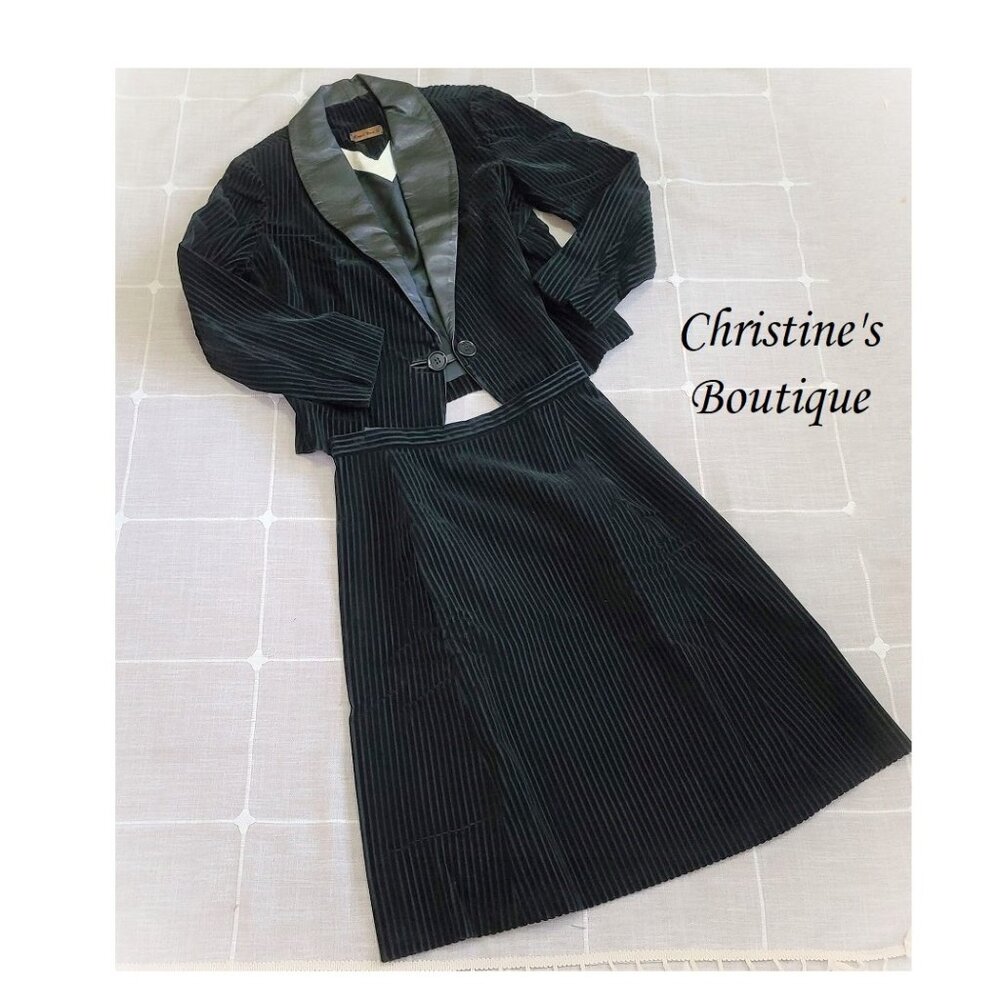 Vintage Blazer and Skirt set, Roger Van S. Vintage Leather & Velvet Pinstripe